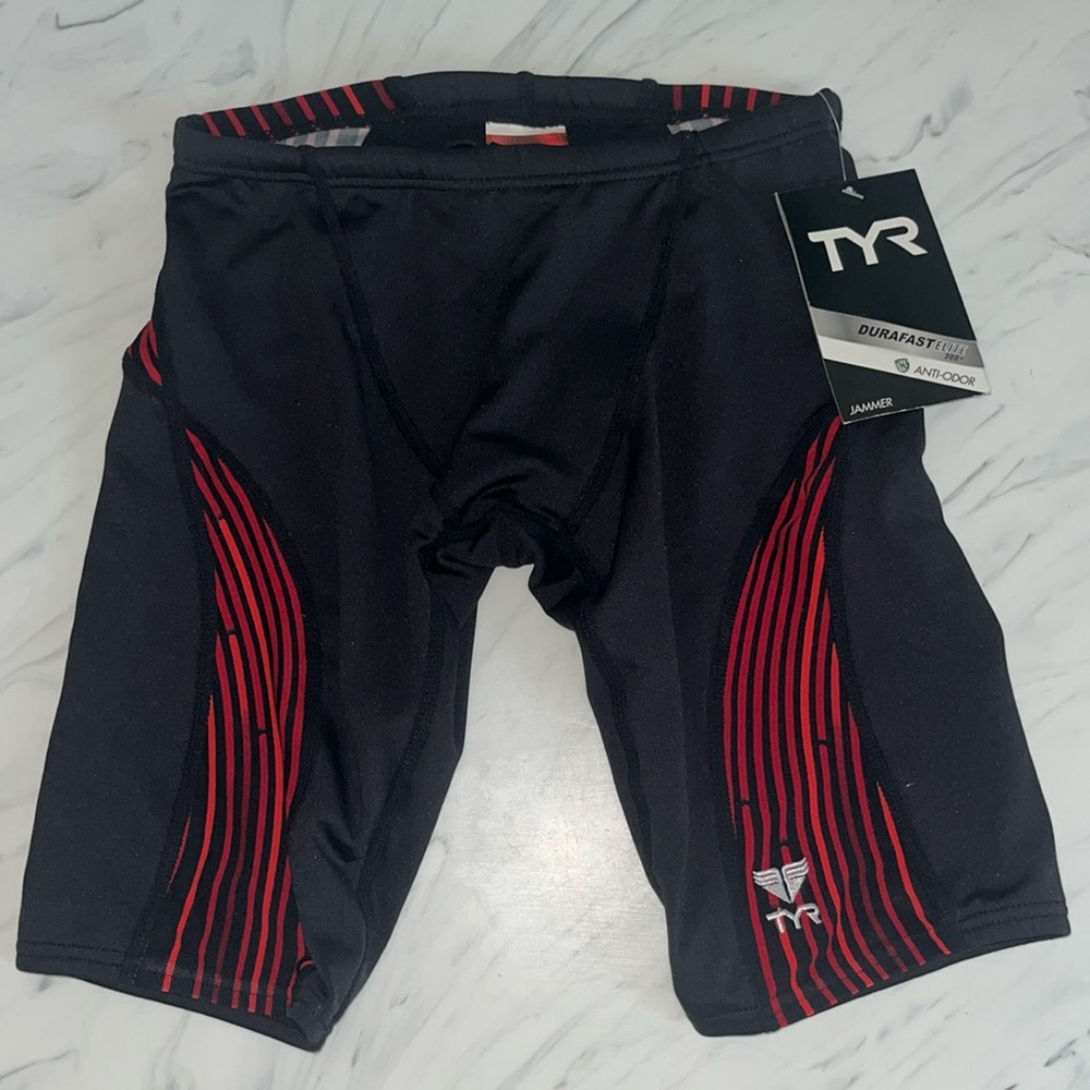 Tyr taper splice jammer bathing suit bottom racing suit red black stripe 26 new